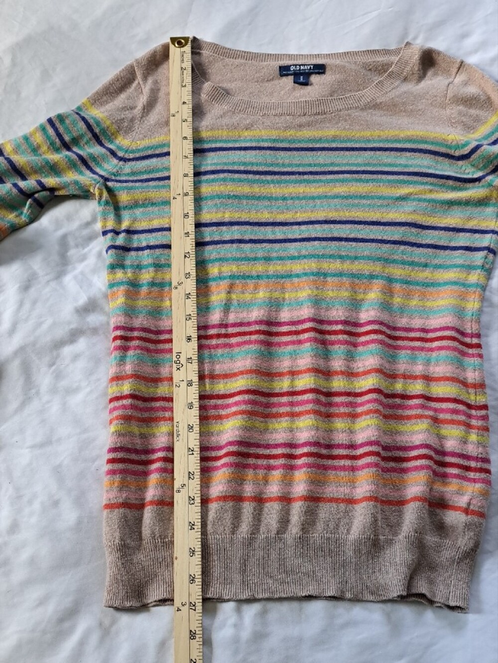 Old Navy Cotton Blend Beige Crewneck Lightweight Sweater with Multicolor Stripes - Picture 7 of 8